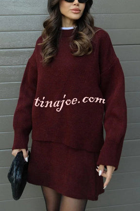 Solid Color Casual Preppy Knit Top and Knit Stretch Mini Skirt Set